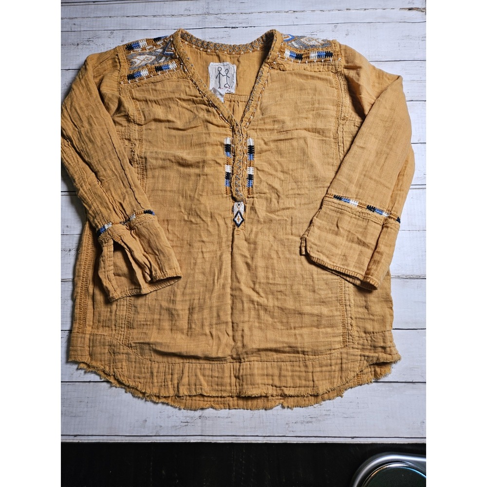 Johnny Was Mars Embroidered Cotton Gauze Tunic Mustard Yellow Size Medium Boho